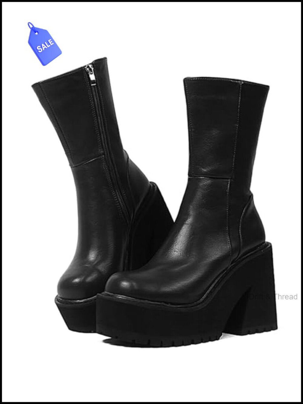Platform Ankle Boots Women Chunky Block Heel Faux Leather